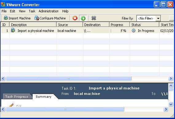 ����������� ����������� ������ � ������� VMware Converter